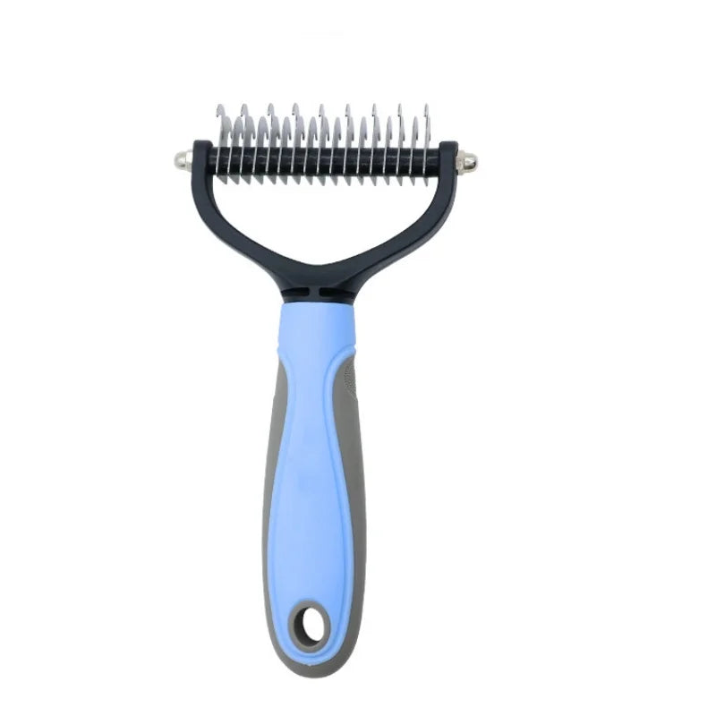 A blue and gray double-sided stainless steel pet grooming comb.
