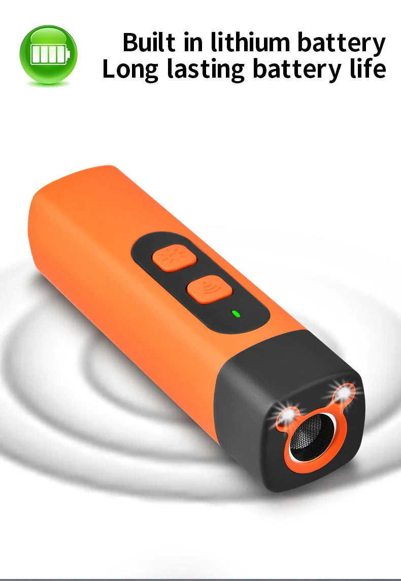 Orange ultrasonic dog repeller device with a black body and an orange lens, shown in a side view.