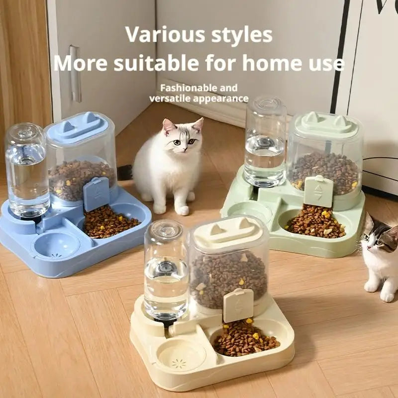 A set of gravity-fed pet food dispensers and water bowls for cats and small dogs, featuring various styles and materials.