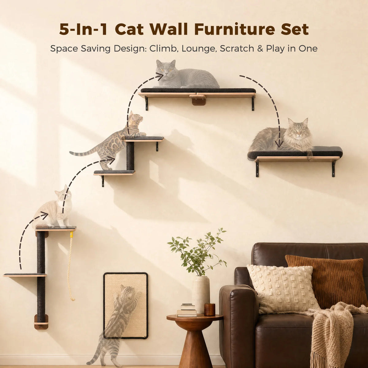 Modular Wall-Mounted Cat Climbing Shelves with Scratching Posts
