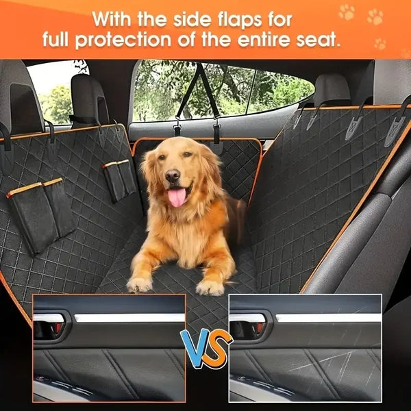 A golden retriever sits on a black car seat cover with side flaps for full protection.
