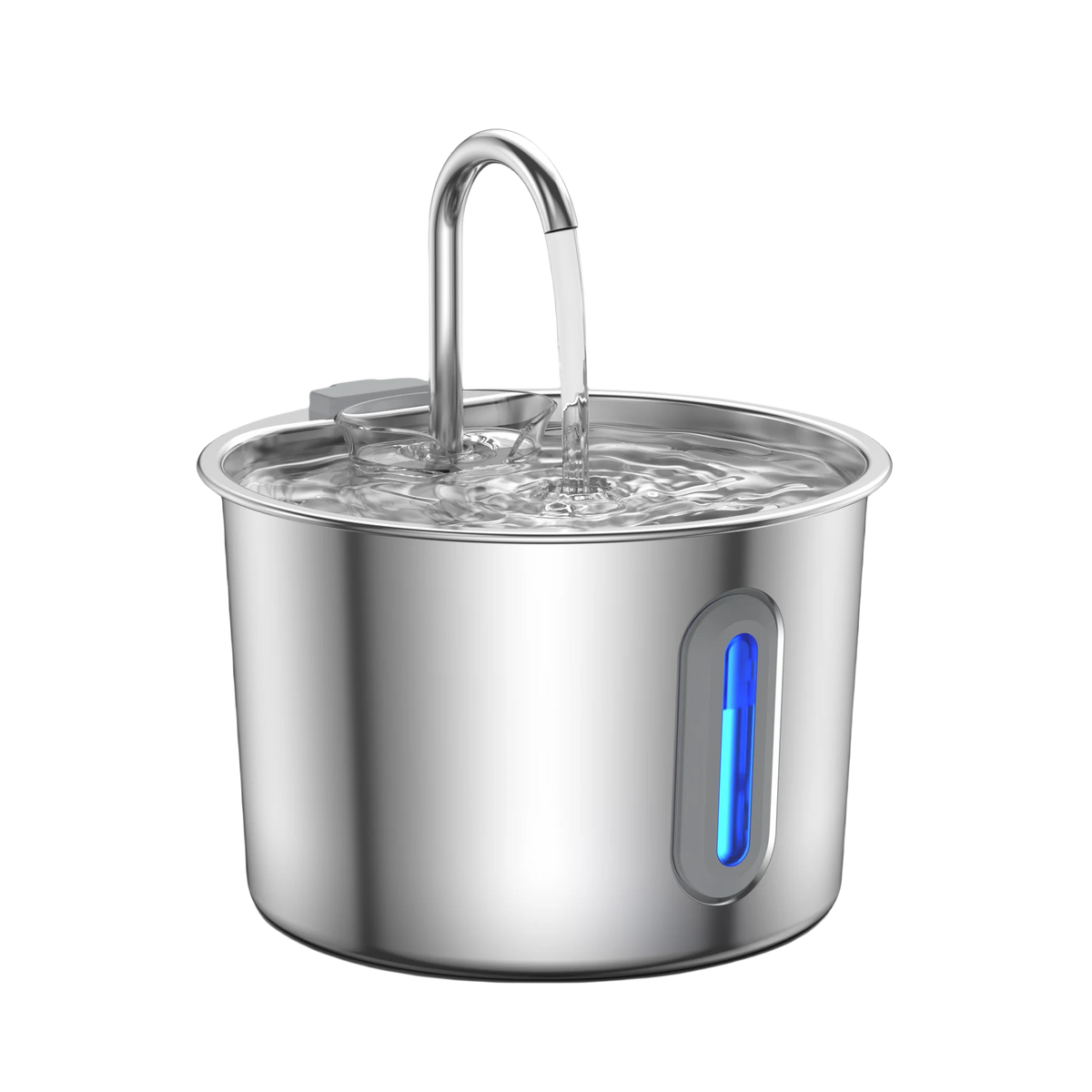 A stainless steel pet water fountain with a visible water stream and a blue indicator light.