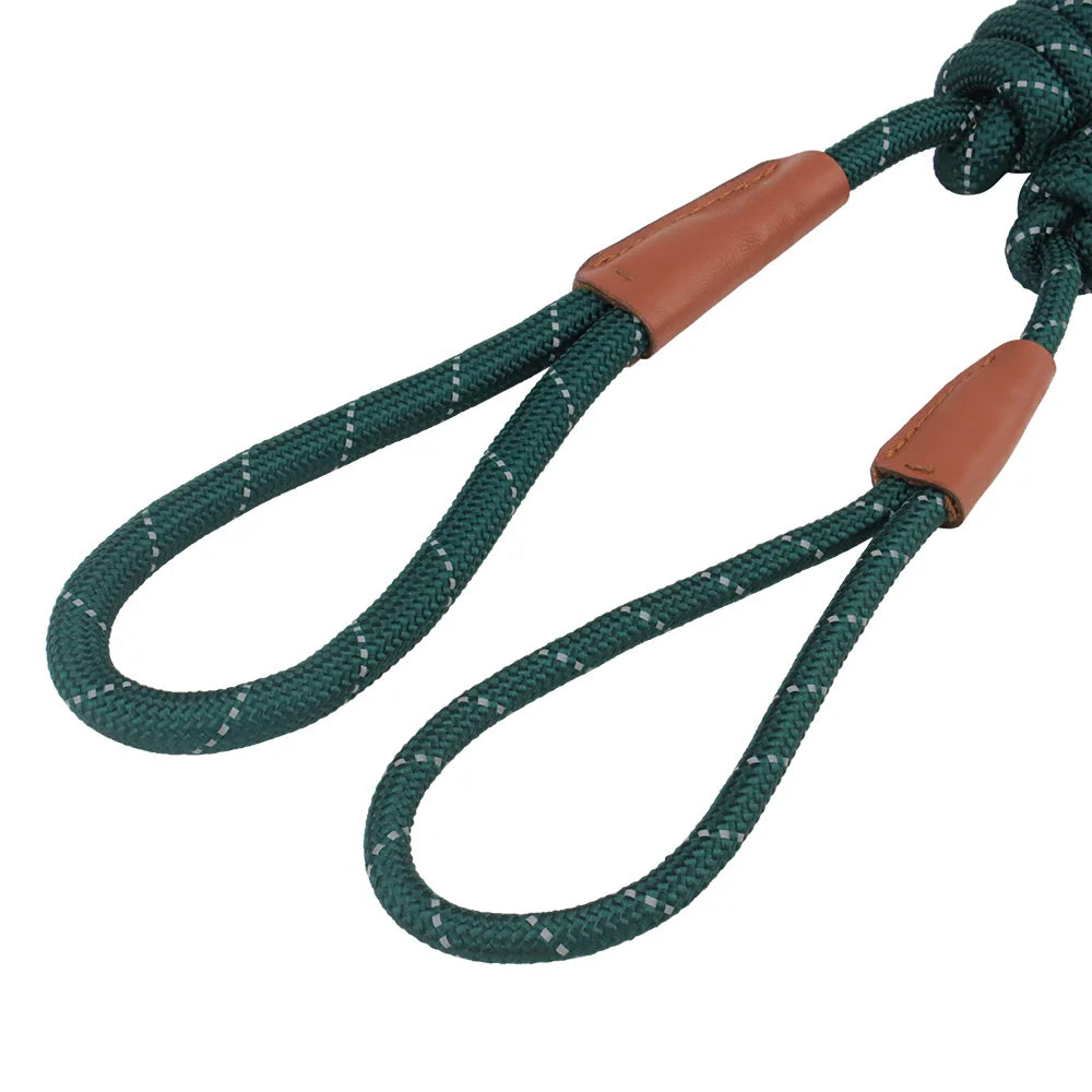A close-up of a dark green reflective P-shape dog leash with brown leather accents.
