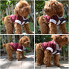 A fluffy brown dog wearing a maroon tuxedo-style outfit with a white bow tie and black accents.