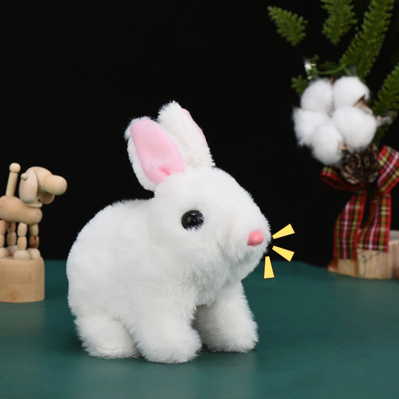 A white plush bunny with pink inner ears is shown against a dark background, with a yellow light effect near its face.