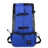 A bright blue breathable dog backpack carrier with black straps and mesh panel.