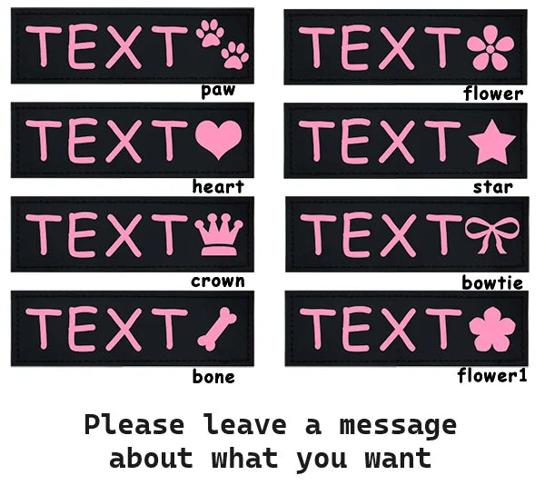 A set of black leather tags with pink text and various animal and floral icons for personalization.