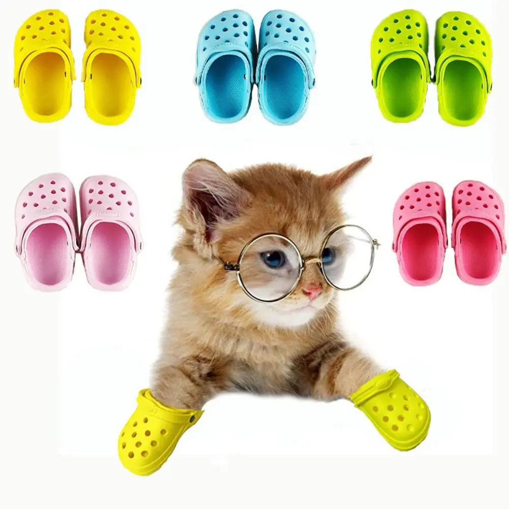 A fluffy orange kitten wearing yellow non-slip pet sandals, surrounded by various colored pet sandals.