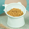 A white ergonomic tilted cat food bowl with a non-slip base filled with dry kibble.