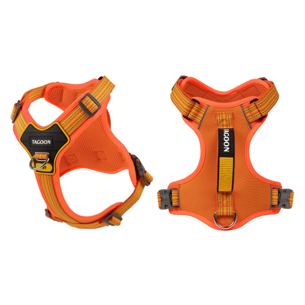 Orange no-pull dog harness with a handle for small, medium, and large breeds