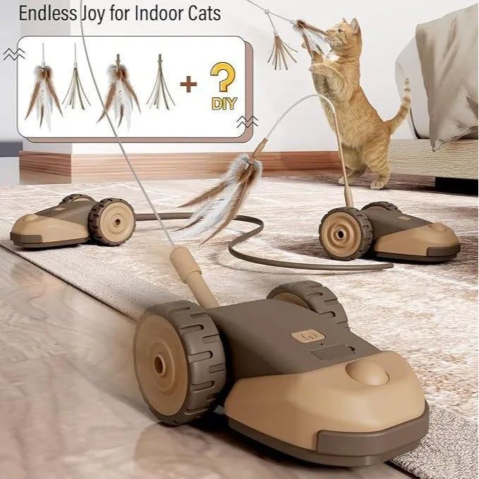 A brown interactive moving cat toy car with a feather wand is shown on a wooden floor.