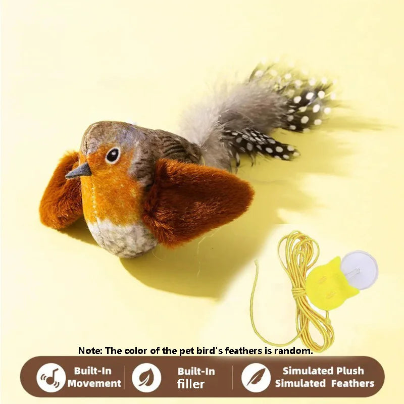 A small, realistic bird toy with orange and brown feathers is shown next to a yellow light bulb and an elastic rope.
