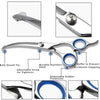 Professional stainless steel pet grooming scissors showing various features like a safe round tip and adjustable screw.