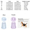 Blue and purple breathable mesh cooling vests for dogs and cats with sun protection caps shown in various sizes