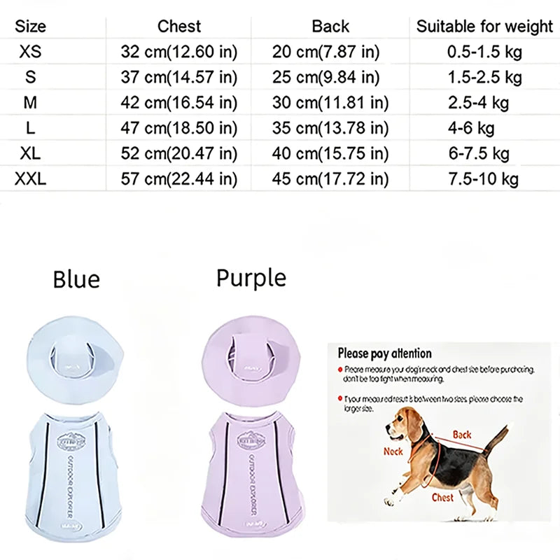 Blue and purple breathable mesh cooling vests for dogs and cats with sun protection caps shown in various sizes