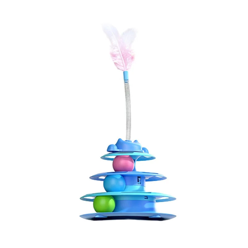 Interactive Cat Turntable Toy with Feather Wand and Rolling Ball