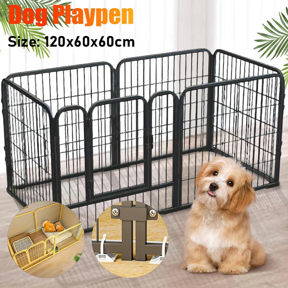 A black foldable 6-panel pet playpen with a golden dog sitting next to it.