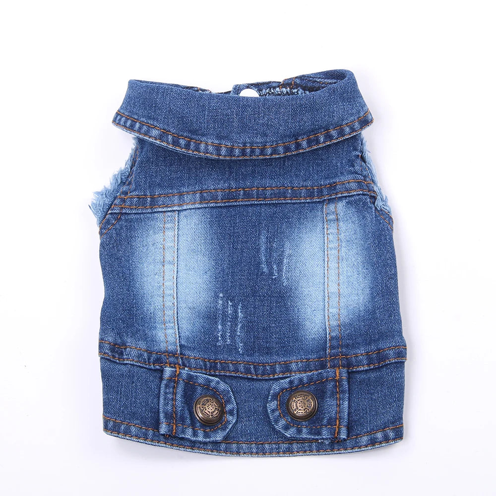 A denim vest with a collar and flap pockets, suitable for dogs or cats.
