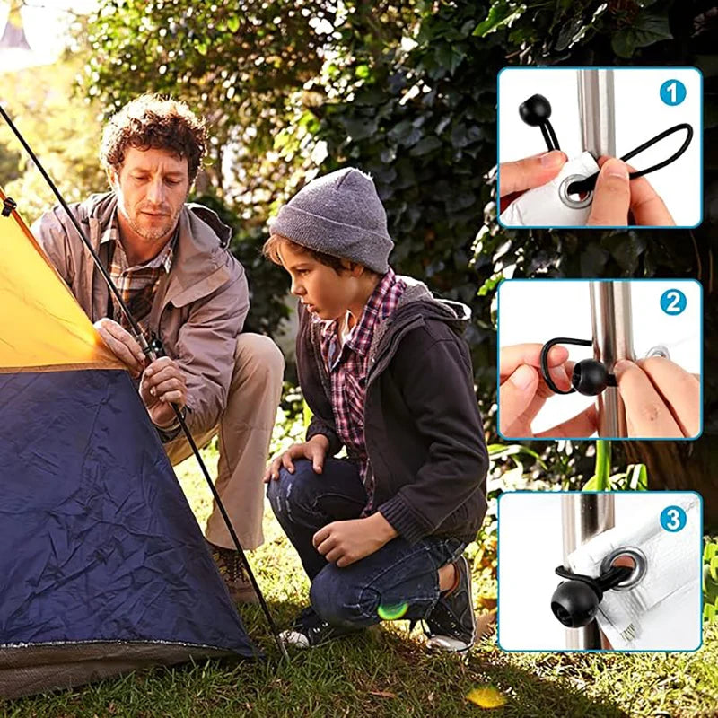 Three steps show how to attach heavy duty bungee balls with cords to a tarp or tent.