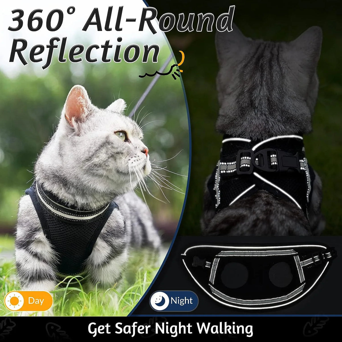 Escape-Proof Cat Harness and Leash Set with Reflective Strips