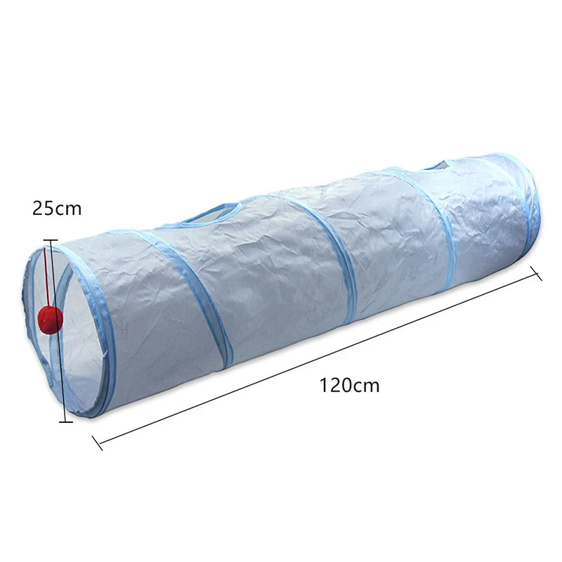 A long, cylindrical, translucent blue fabric cat tunnel with a red peep hole and marked dimensions.