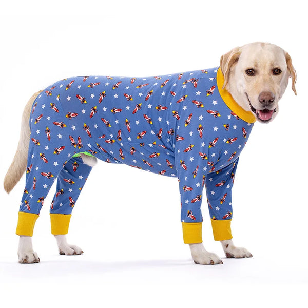 Ein helles Hundekleid in blau mit bunten Cartoon-Tierdrucken.