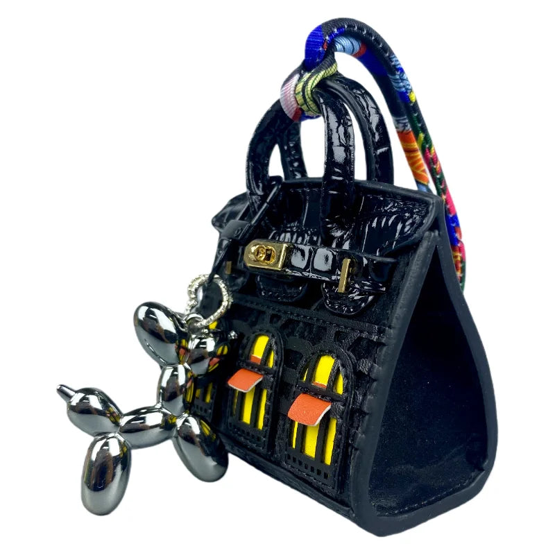Handcrafted Mini House-Shaped Handbag with Puppy Keychain