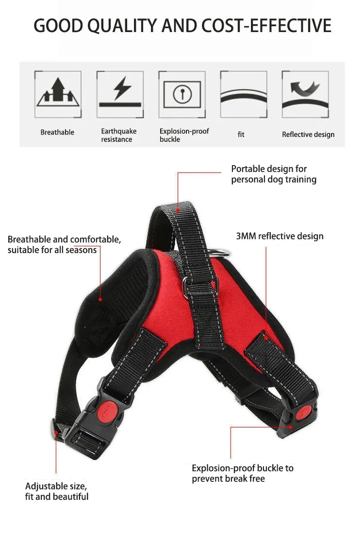 Red and black breathable nylon dog harness designed for personal dog training with explosion-proof buckles.