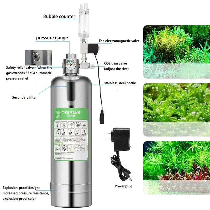 Edelstahl-Aquarium CO2-Generator mit Druckanzeige und Sicherheitsventilen