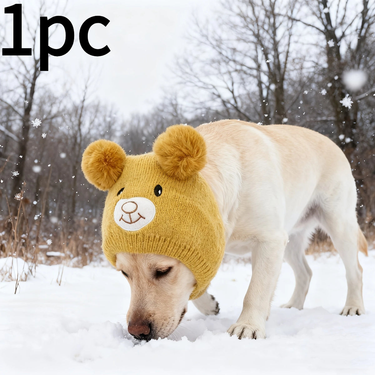 A light-colored dog wearing a yellow knitted winter hat with bear ears in a snowy outdoor setting.