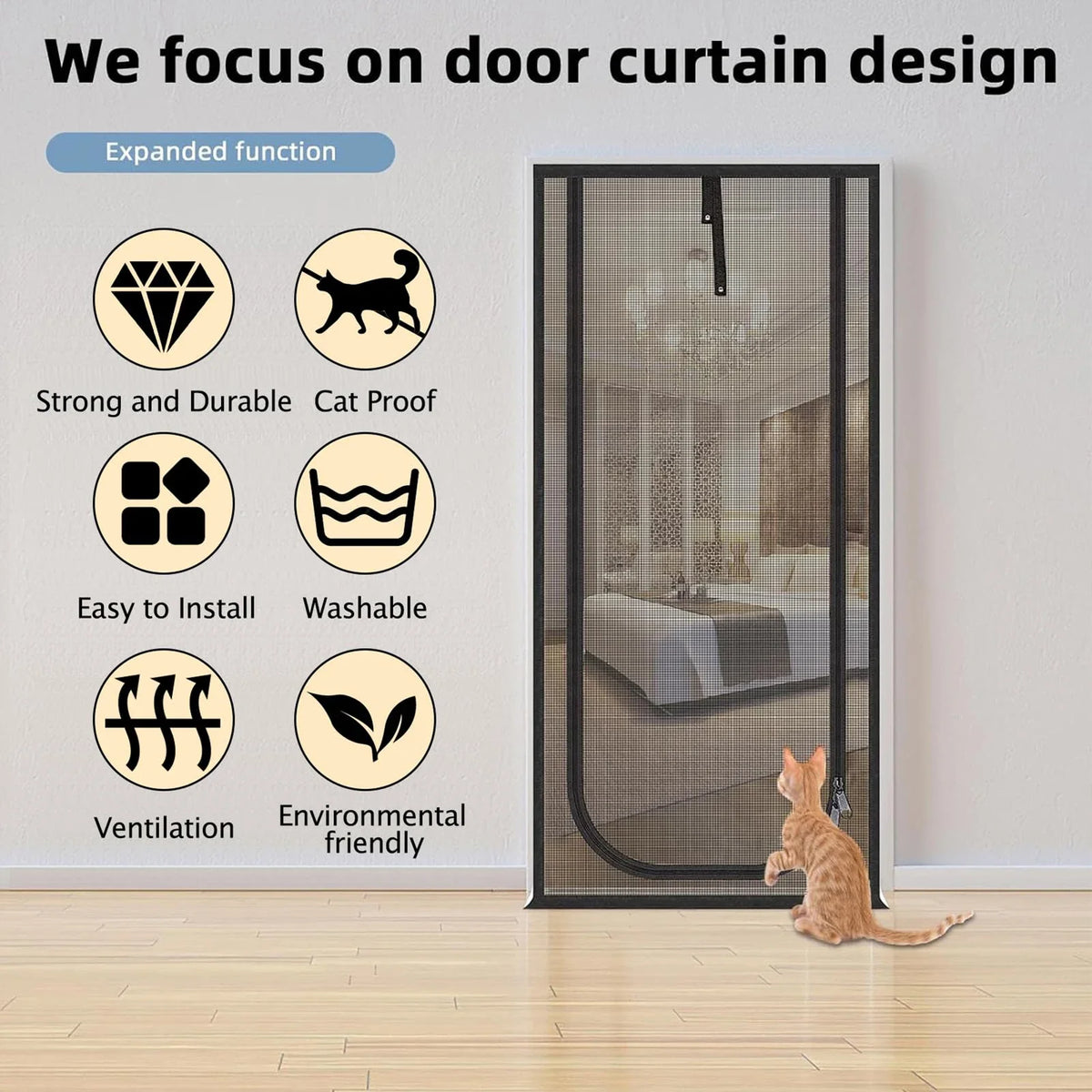Pet Screen Door Curtain with Double Zipper – Scratch-Resistant Mesh for Interior Doors