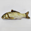 A small, fish-shaped interactive cat plush toy with mottled yellow and brown coloring.