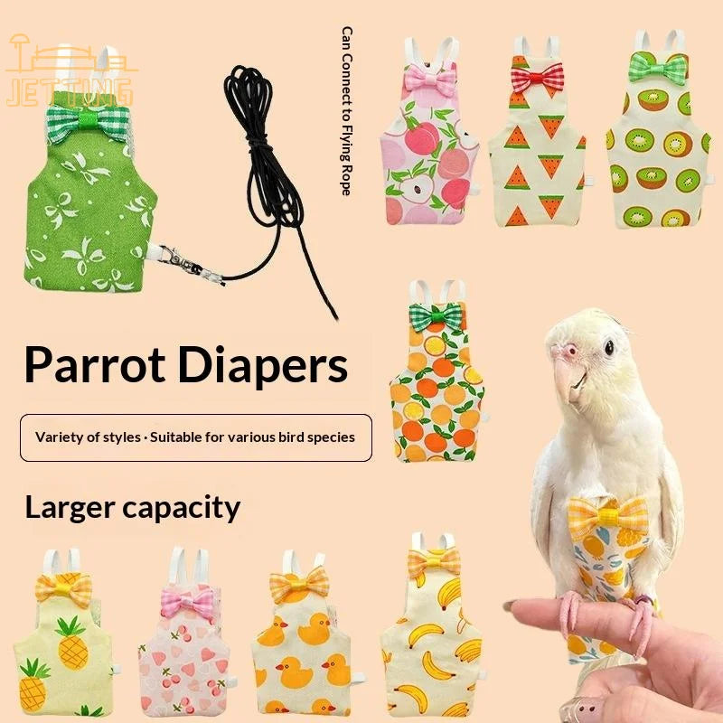 Diferentes estilos de trajes de vuelo lavables para loros con lazos decorativos y patrones de frutas
