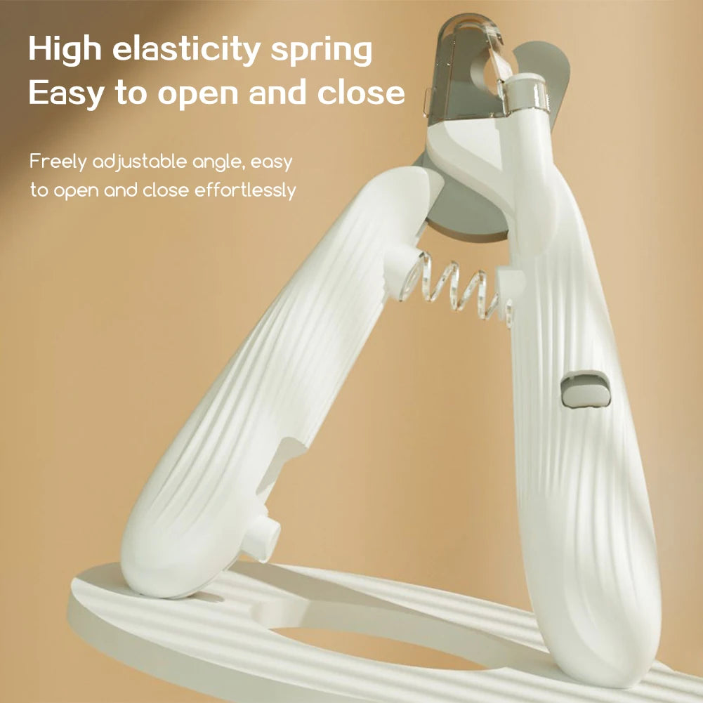 White pet nail clippers with a high elasticity spring mechanism shown on a stand.