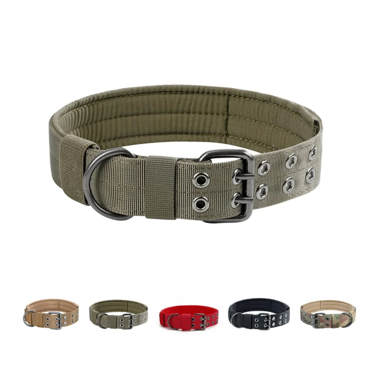 A heavy-duty tactical dog collar in olive green nylon with a silver buckle and padded comfort features.