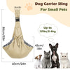 A beige dog carrier sling for small pets shown with a dog, demonstrating its use.