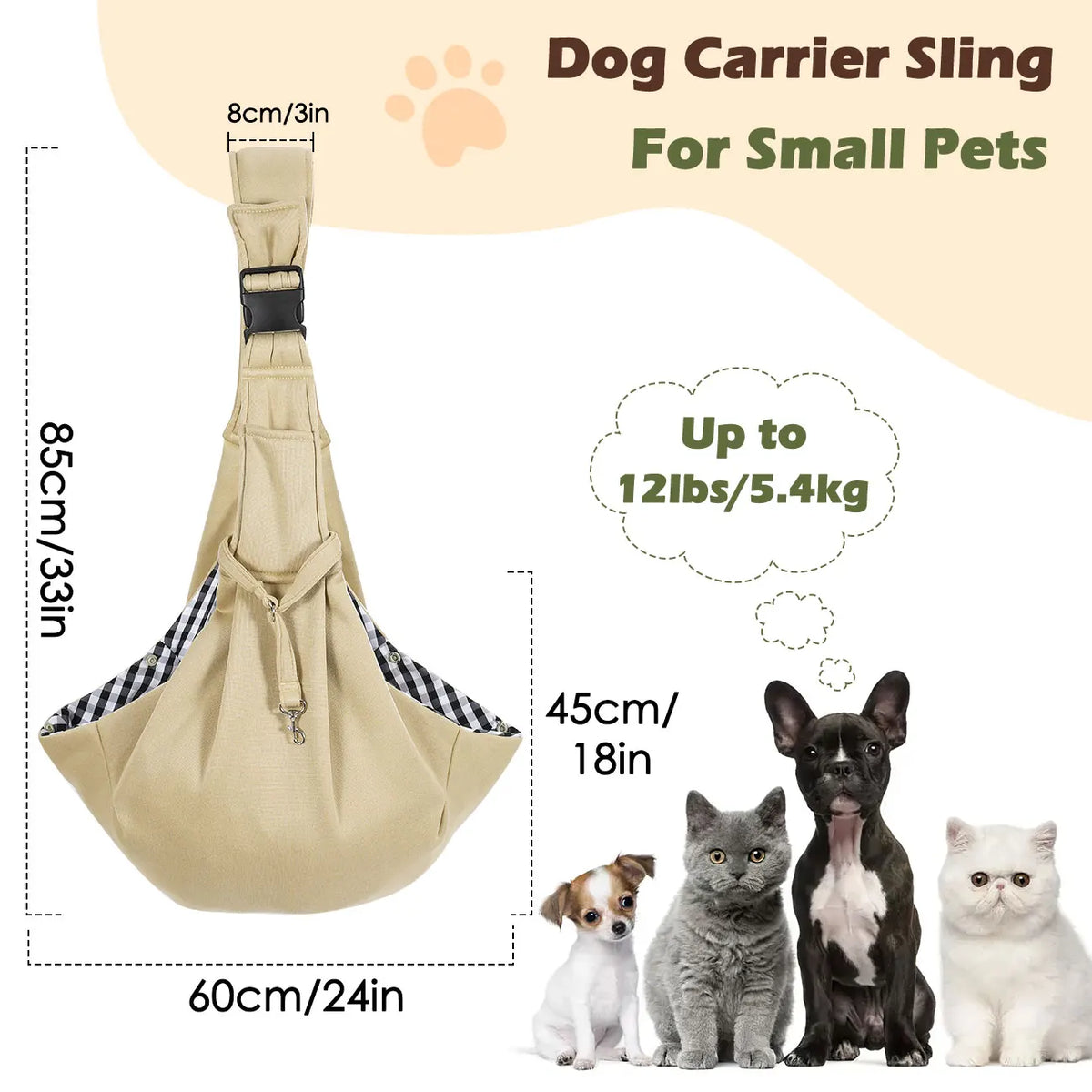 A beige dog carrier sling for small pets shown with a dog, demonstrating its use.