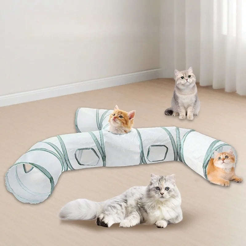 A set of collapsible indoor play tunnels for cats, including a curved tunnel and a long tube, with several cats visible.