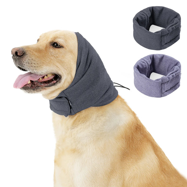 Golden Retriever mit grauem, beruhigendem Hoodie und Ohrenschal, separate Stoffteile gezeigt.