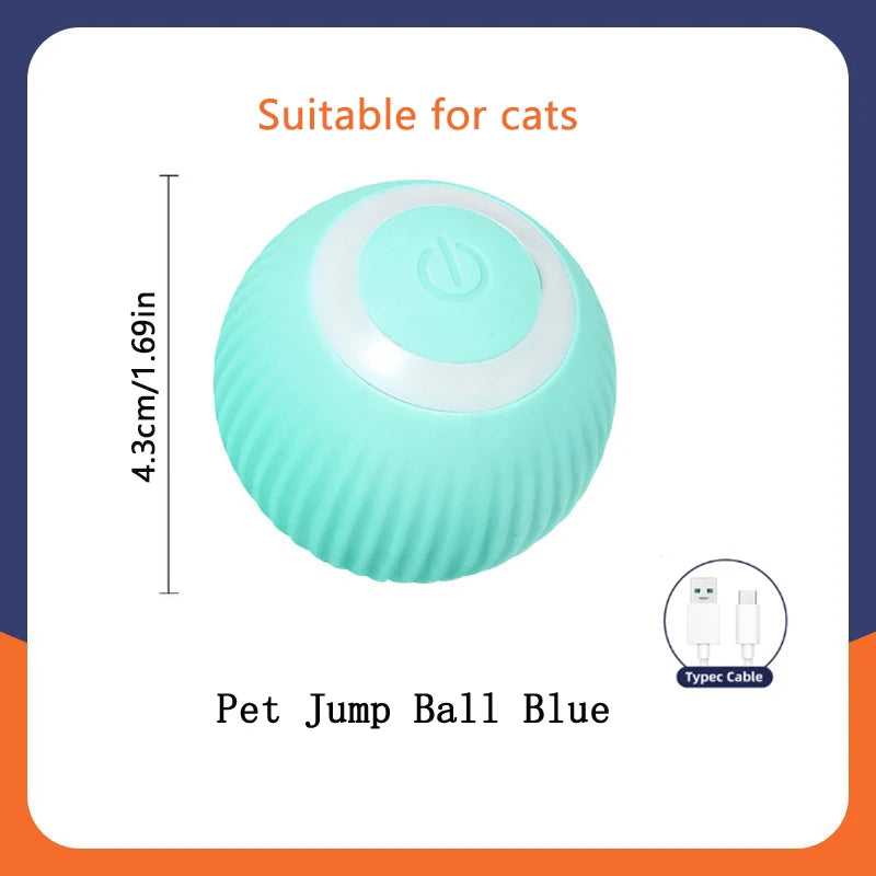 A light blue, dome-shaped pet jump ball with a power button on top, suitable for cats.