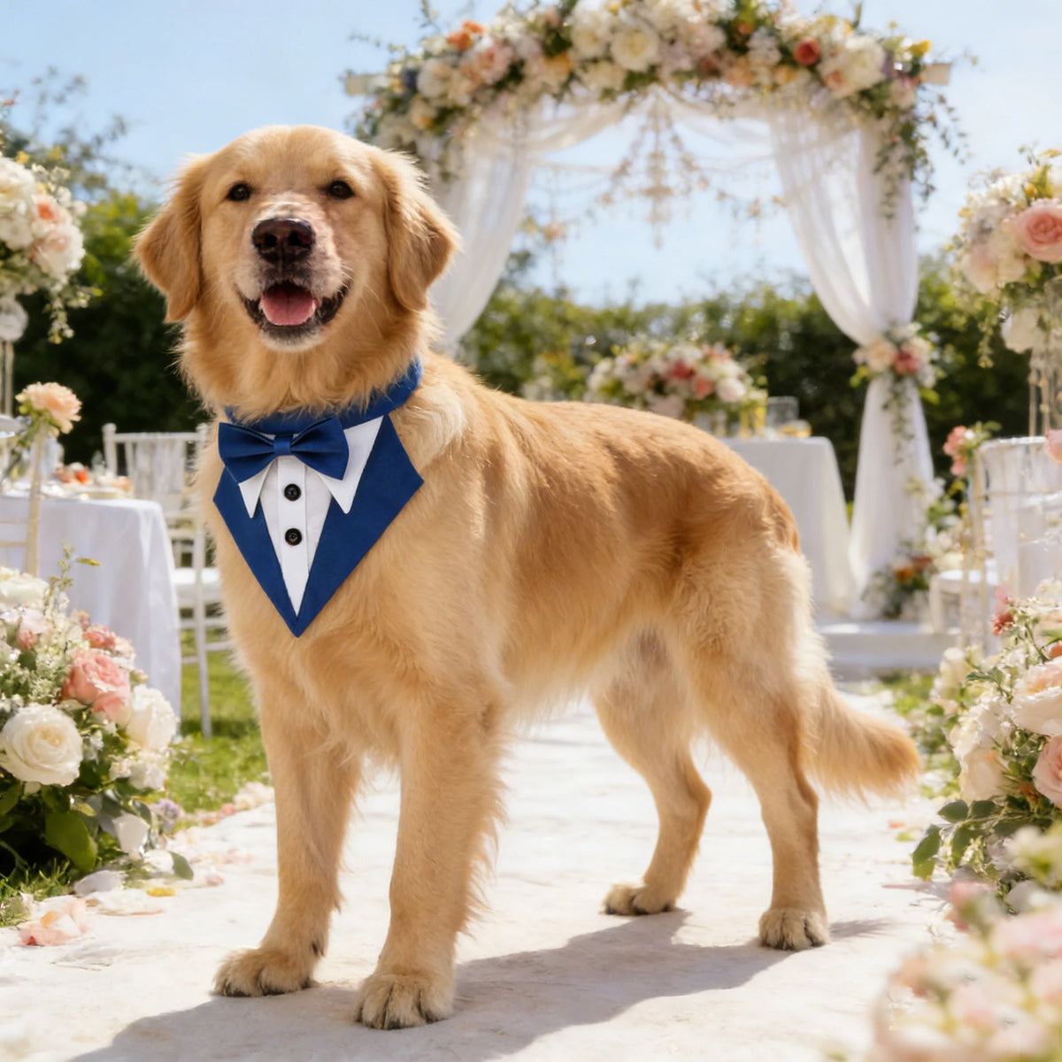 A golden retriever wearing a blue bowtie bandana stands in front of a floral wedding arch.