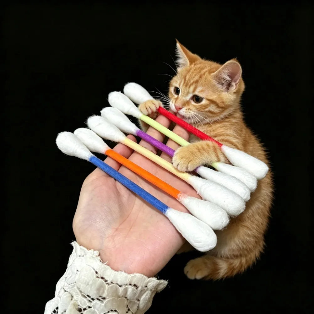 Un pequeño gatito naranja sostiene un paquete de seis hisopos de manzanilla blanca con puntas coloridas.