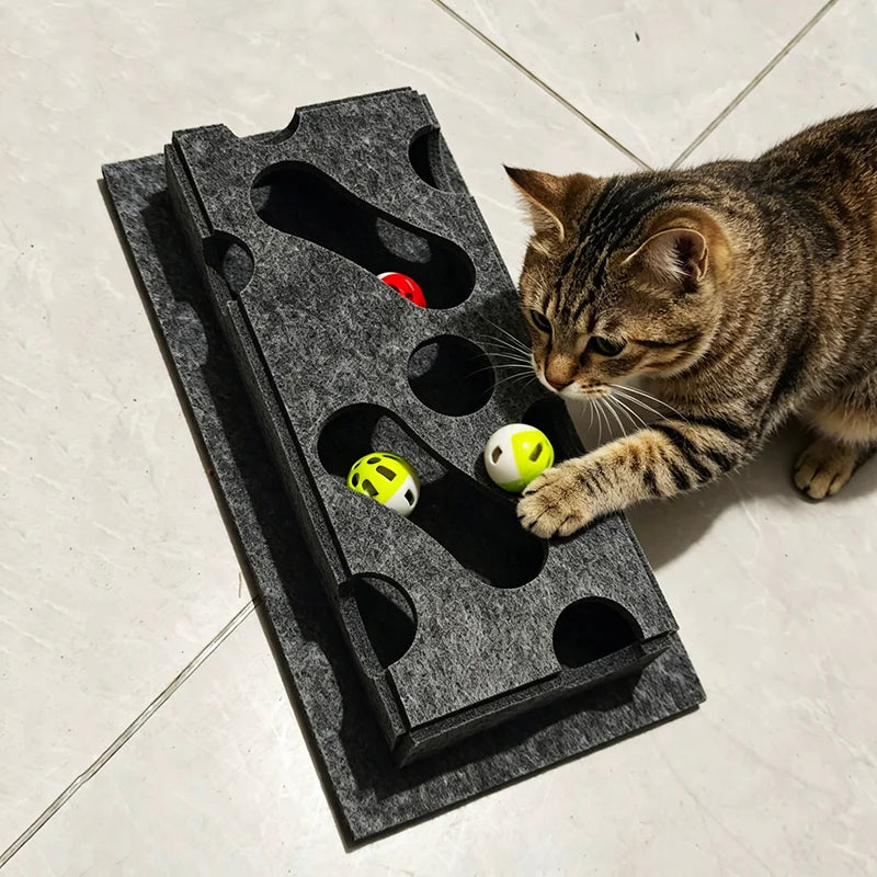 A tabby cat is interacting with an interactive puzzle toy box containing a maze tunnel and a red ball.