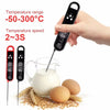 A hand holds a black instant read digital meat thermometer measuring the temperature of milk and eggs.