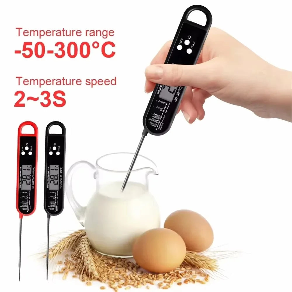 A hand holds a black instant read digital meat thermometer measuring the temperature of milk and eggs.