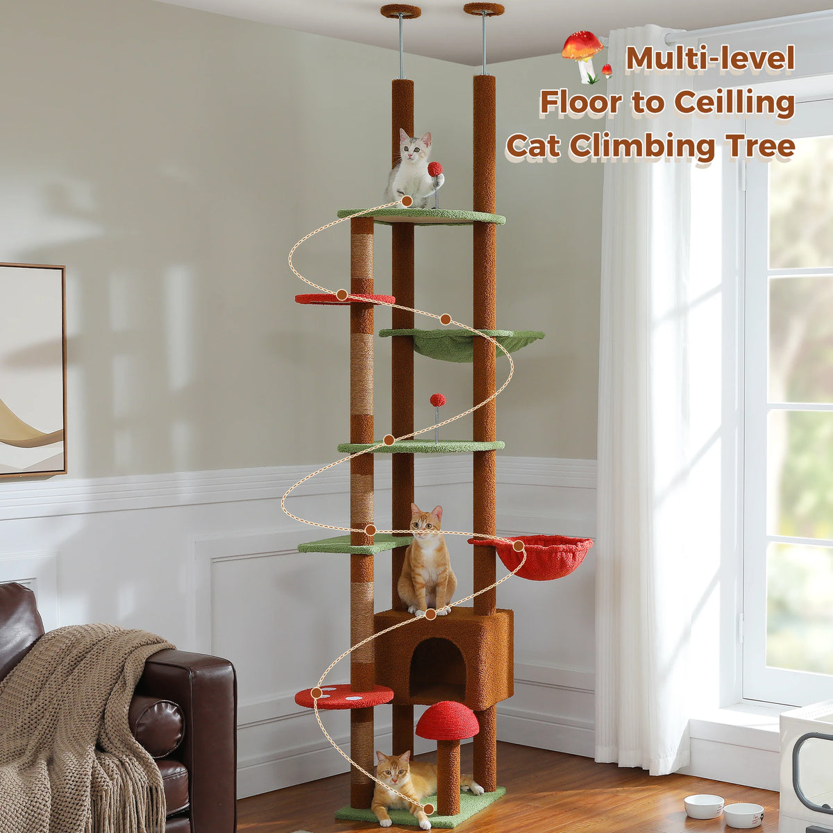 A multi-level floor to ceiling cat climbing tree with various features like condos and hammocks in a bright room.