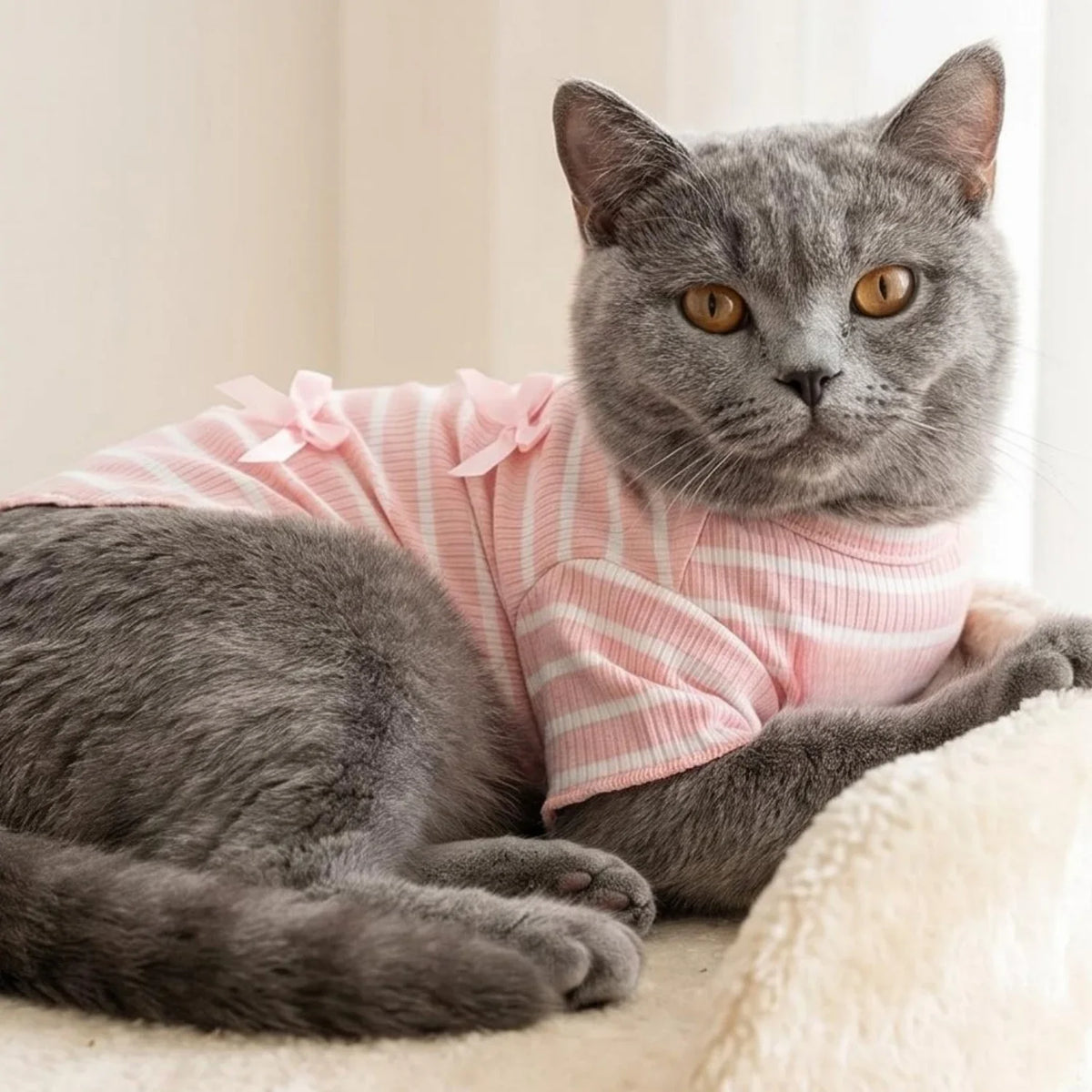 A gray cat wearing a pink striped bow dog shirt lying on a light surface.