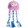 Pink plush squeaky dog toy with large white eyes and blue and pink striped dangling tails