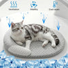 A fluffy gray and white cat is relaxing on a textured pet mat, surrounded by ice cubes.