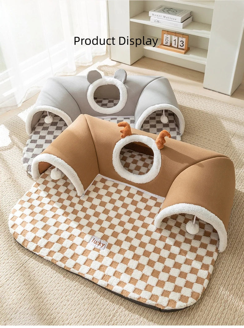 Winter Plush Cat Bed with Reindeer Tunnel